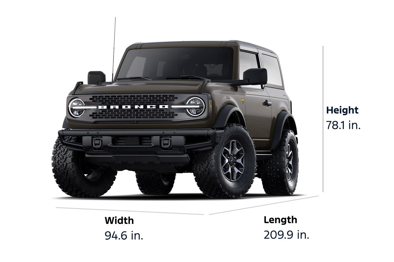 A 2025 Ford Bronco® Badlands® SUV, showing a height of 78.1 inches, a width of 94.6 inches, and a length of 209.9 inches.