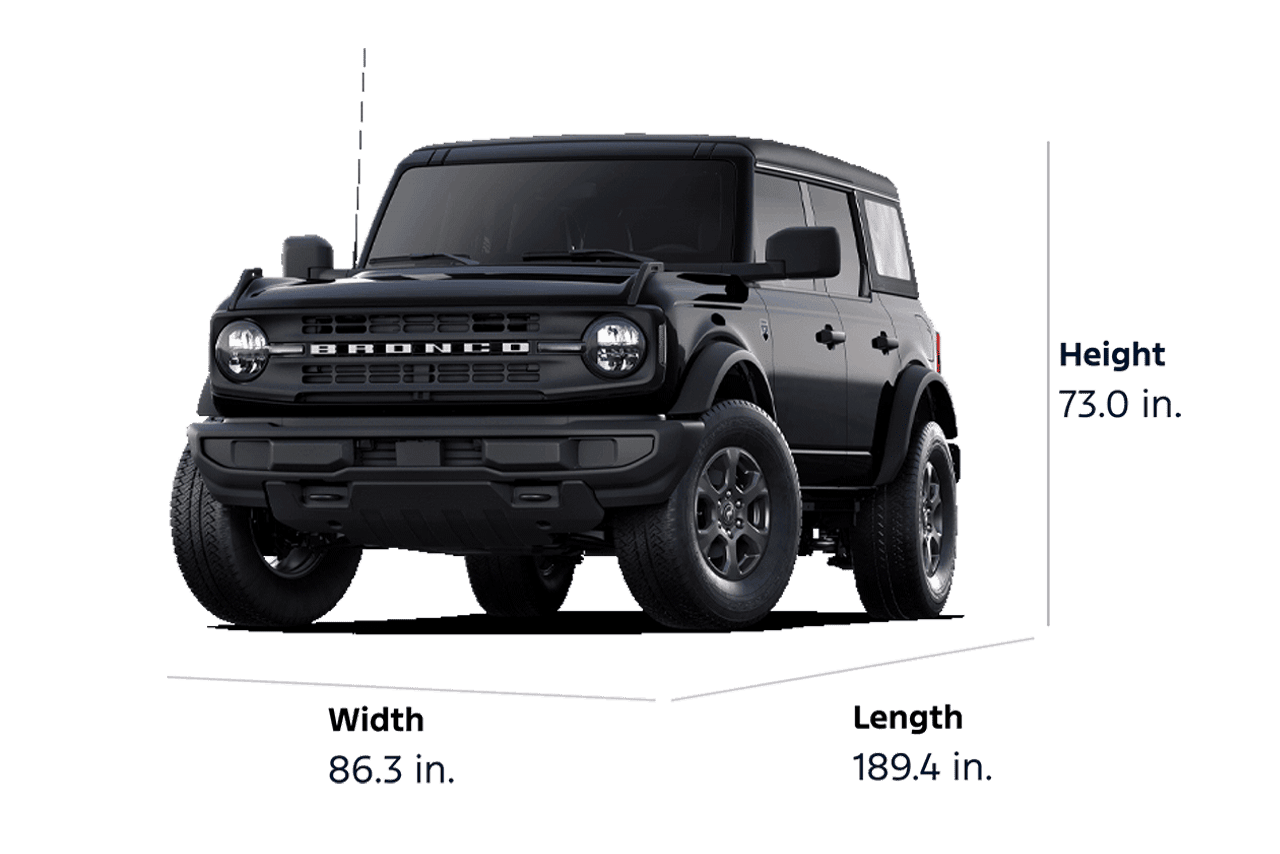 A 2025 Ford Bronco® Big Bend® SUV, showing a height of 78.1 inches, a width of 94.6 inches, and a length of 209.9 inches.
