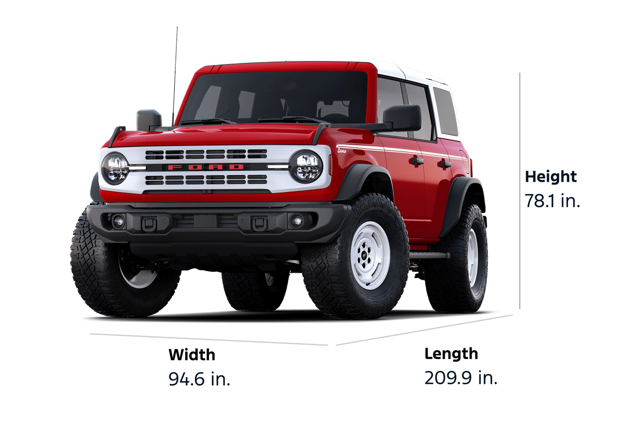 Dimension diagram for a Ford Bronco® Heritage Edition® SUV: height 78.1 inches, width 94.6 inches, length 209.9 inches