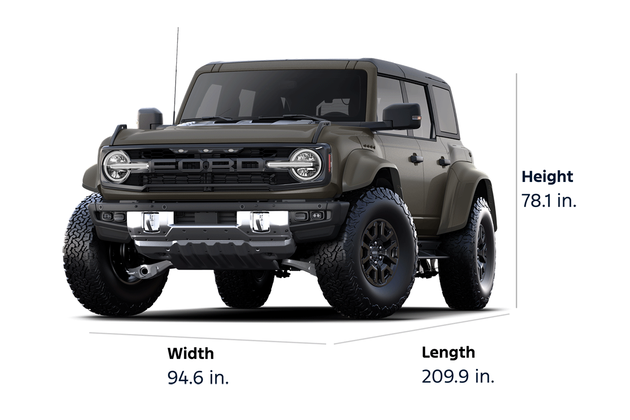 A 2025 Ford Bronco® Raptor® SUV, showing a height of 78.1 inches, a width of 94.6 inches, and a length of 209.9 inches.
