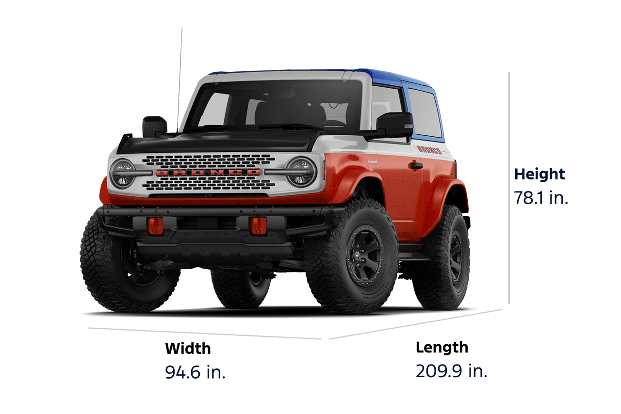 Dimension diagram for a Ford Bronco® Stroppe Edition SUV: height 78.1 inches, width 94.6 inches, length 209.9 inches
