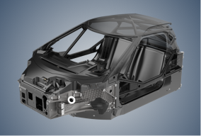 Front, driver’s side high angle view of isolated roll cage, surrounded by gray-blue vignette