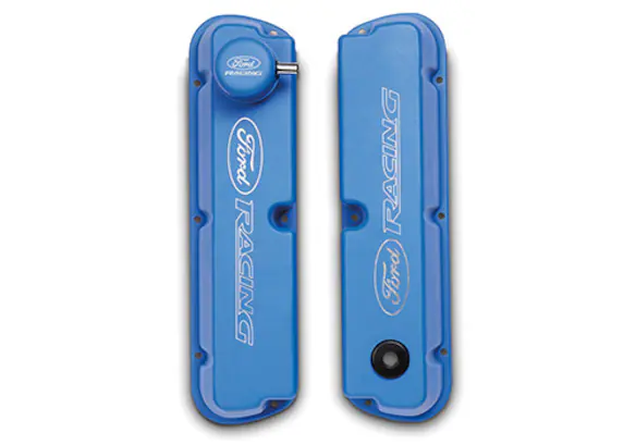 Blue Satin Valve Covers with Ford Racing Logo Main Image